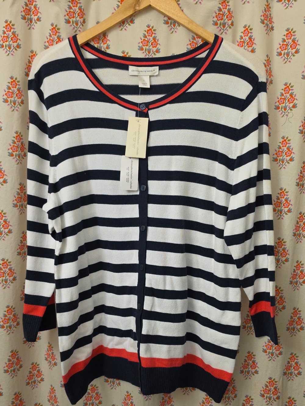Christopher & Banks Navy and White Striped Sweater with Salmon Pink  Accent